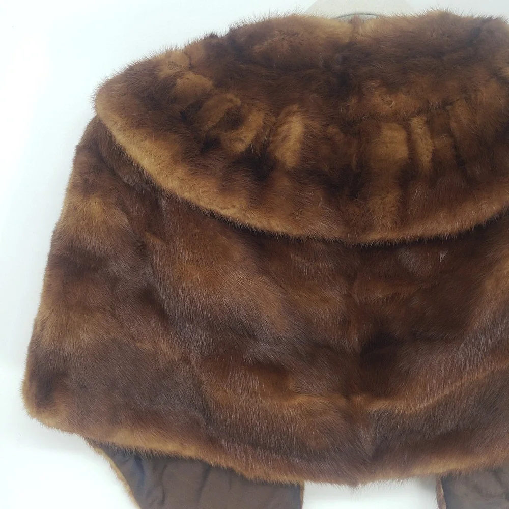 Vintage 50s 60s Mink Fur Cape Women's OS Brown Shawl Collar Stole Wrap Glam